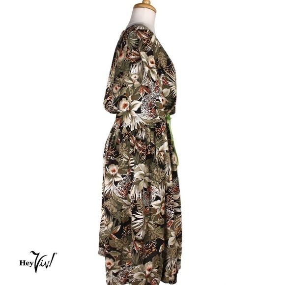 Vintage 80s Dress Cotton Tropical Print Blouson Top Elastic Waist Sz M - Hey Viv - Picture 3 of 5